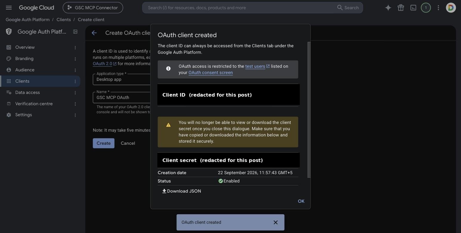 OAuth client created dialog