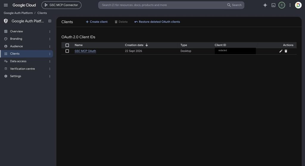 Clients list showing the created OAuth client